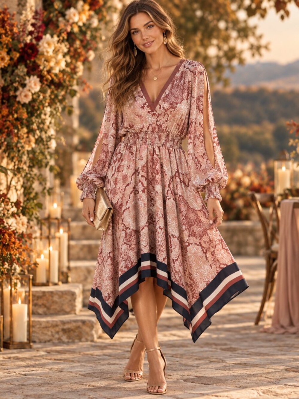New York & Company Dress Womens XL Pink Paisley Boho Handkerchief Hem Midi